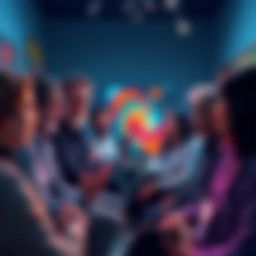 A group of professional artists engaged in a lively discussion about AI-generated art, showcasing diverse expressions of interest and skepticism.