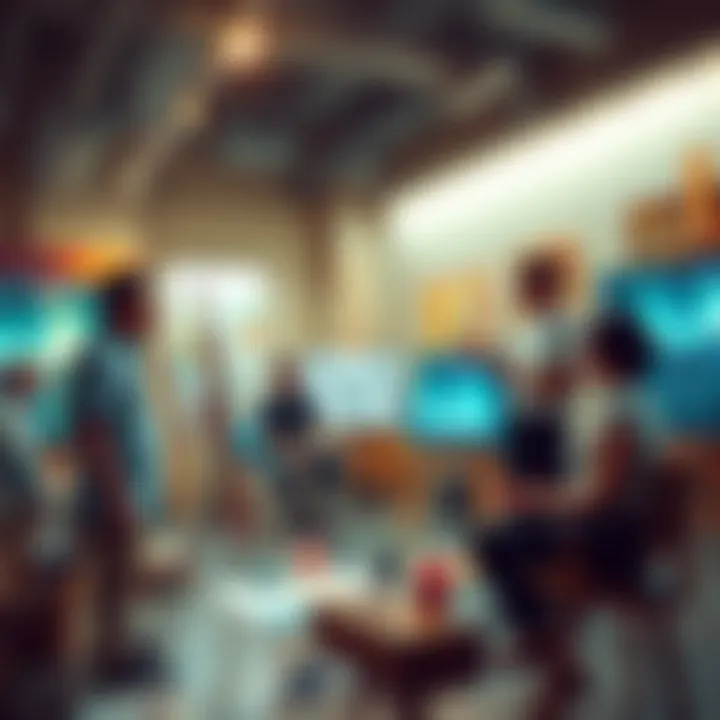 A group of artists in a studio discussing the impact of AI on art creation, with art materials and digital screens around them
