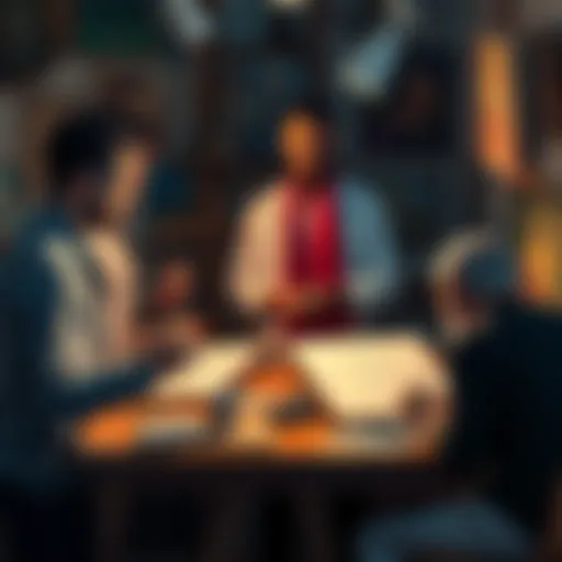A group of artists gathered in a studio, sketching ideas from various art pieces around them, symbolizing the influence of existing concepts on creativity.