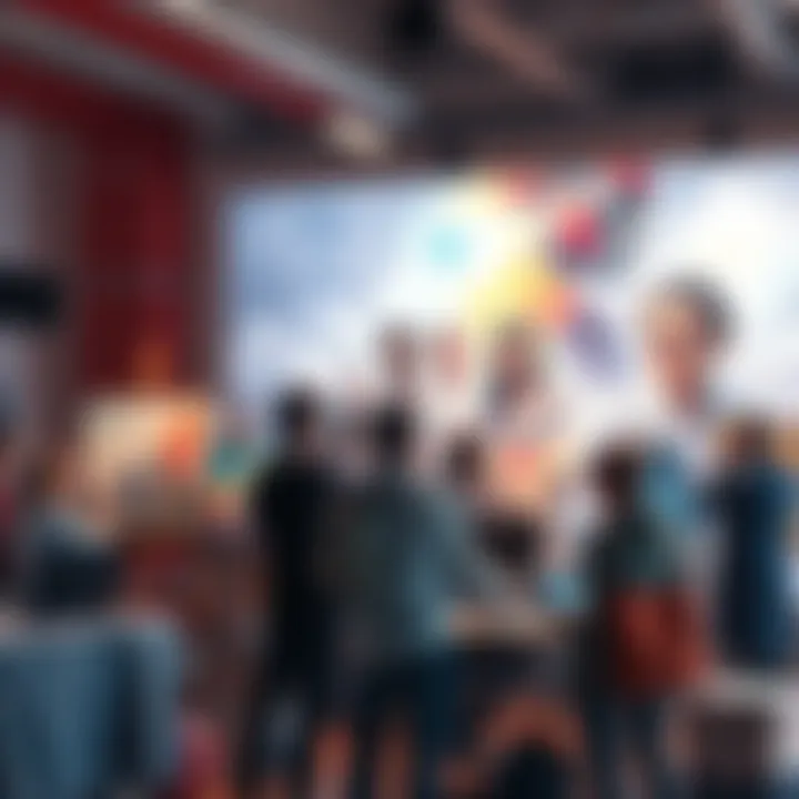 A group of artists using digital tools and canvases, showing collaboration and creativity in art. Background features contrasting groups of artists rejecting AI technology.