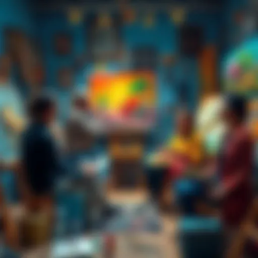 A group of artists discussing the importance of art in society, surrounded by various art supplies and paintings, showcasing diverse perspectives.