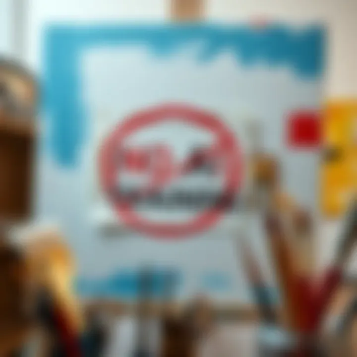 A close-up of an artist's canvas with a visible 'No AI Training' sign beside it, surrounded by paintbrushes and art supplies