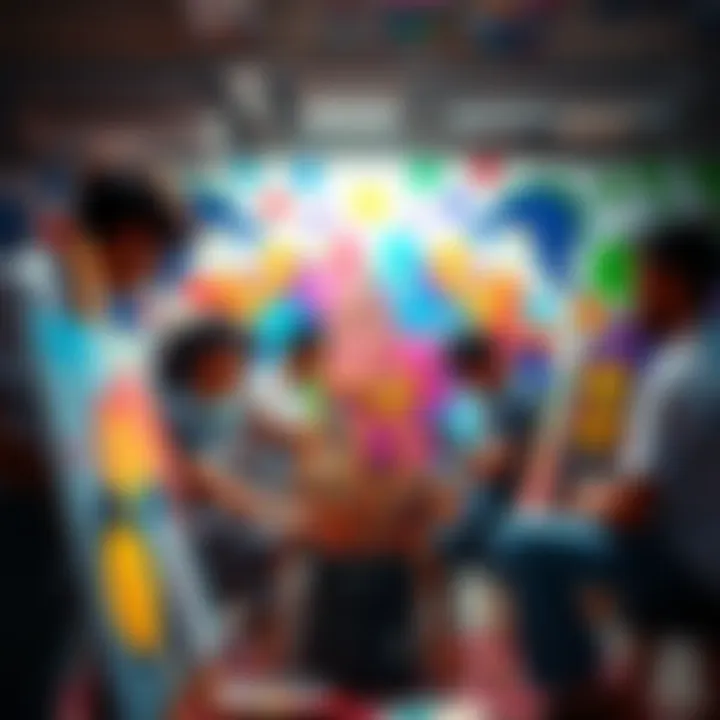 Group of artists collaborating on a mural, surrounded by colorful paint and canvases, showcasing creativity and teamwork
