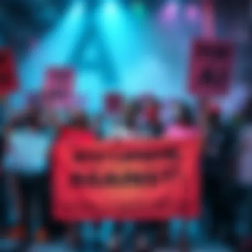 A group of artists holding signs and banners opposing AI technology in art, showcasing their concern over corporate influence.