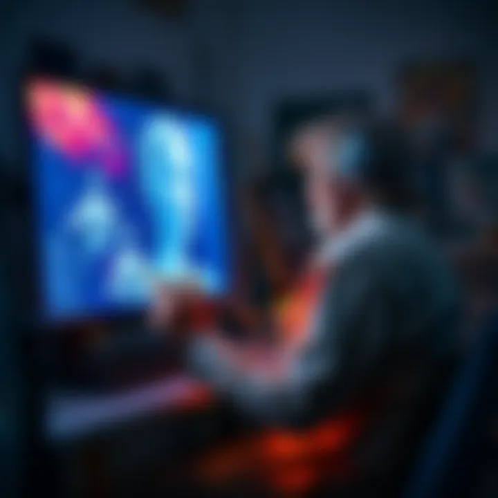 An artist looking frustrated while working on a canvas next to a computer displaying AI-generated art, symbolizing the conflict between traditional creativity and artificial intelligence.