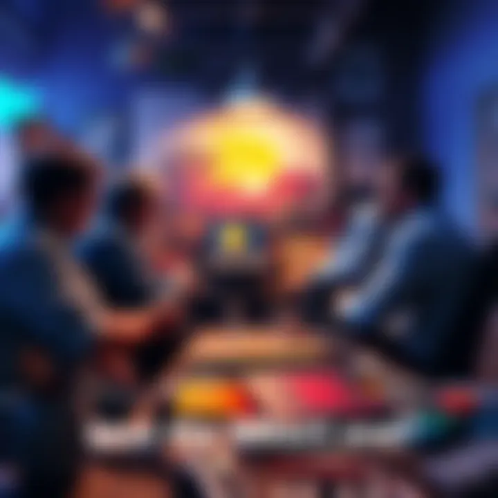 A group of artists discussing technology's impact on creativity while surrounded by digital art and traditional painting tools.