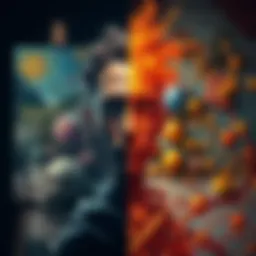 A split image showing a human artist painting on one side and an AI generating art on the other side, symbolizing the debate on creativity and ownership.