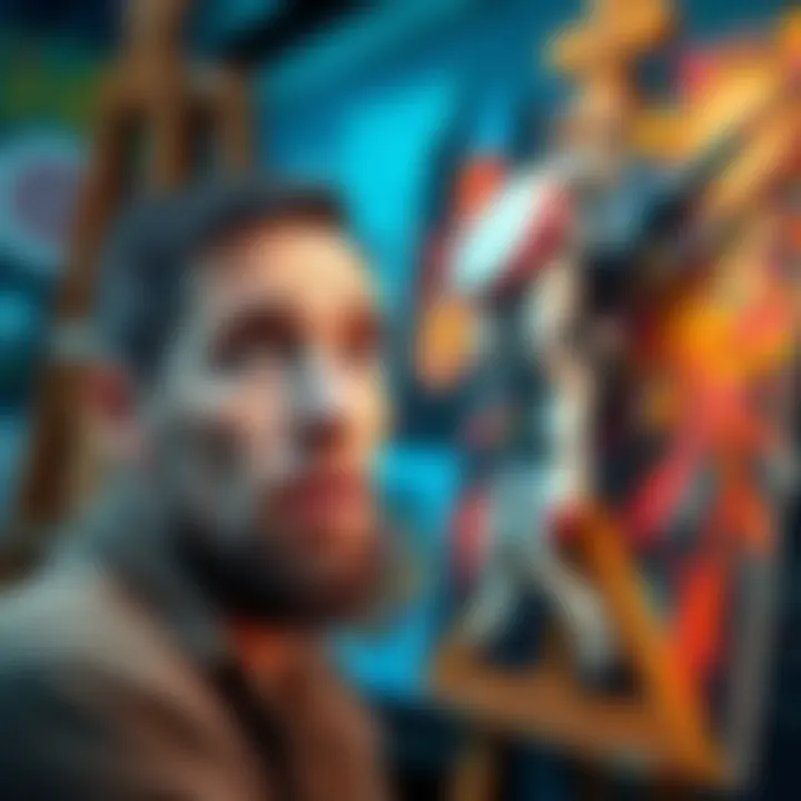 An artist looking worried while an AI machine illustrates a painting quickly in the background.