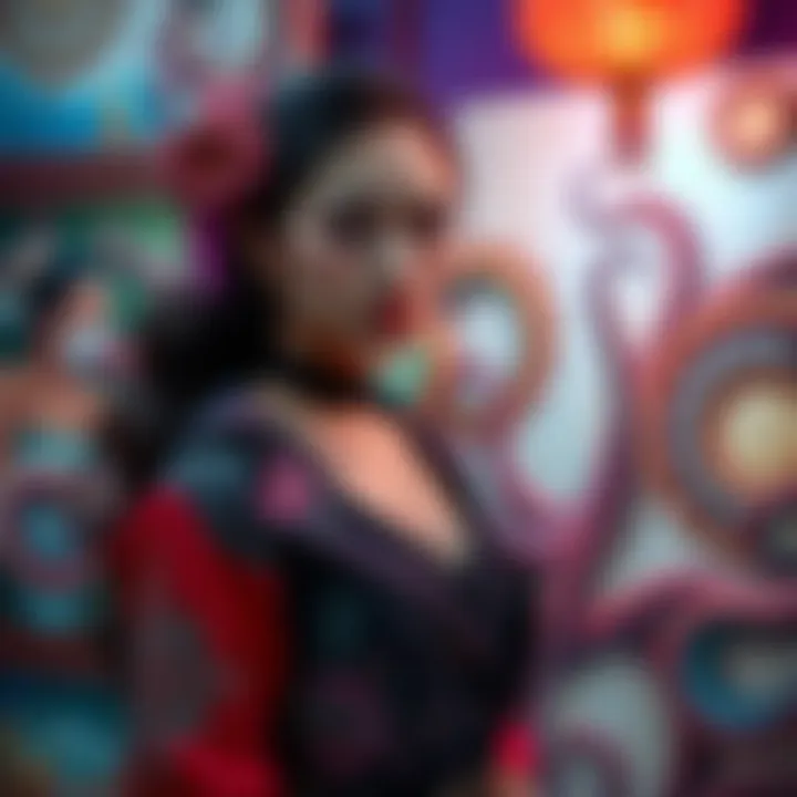 An Asian woman showcases art inspired by tentacles, blending culture and modern influences, standing confidently with her work in a vibrant setting.