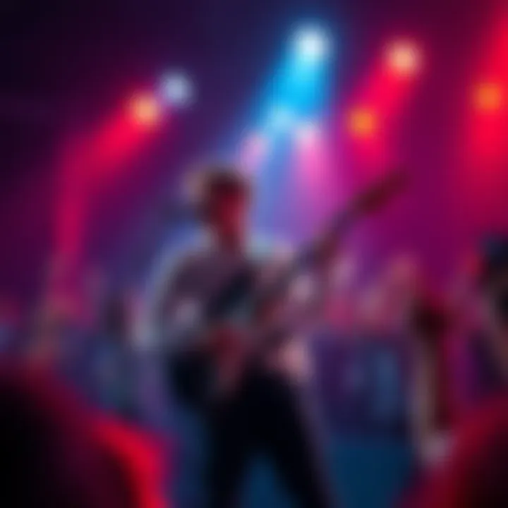 A young musician plays guitar on stage, surrounded by cheering fans, capturing the excitement of pursuing a music career.