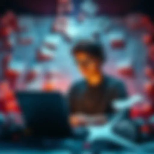 A young composer surrounded by musical notes and a laptop, ready to create music for video games.
