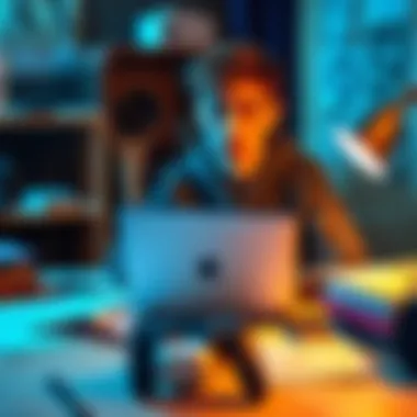 A young person sitting at a desk with a laptop, surrounded by game design sketches and books, pondering their career path in game design.