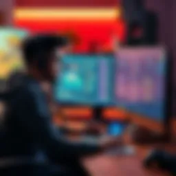 An aspiring game developer in their thirties working on a computer with design sketches and code on the screen.