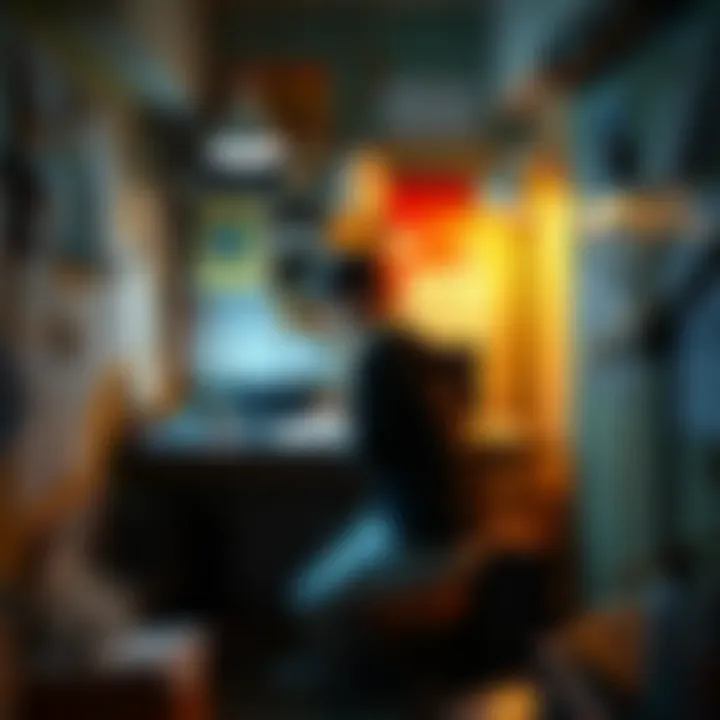 A young person sits at a makeshift desk with a laptop, surrounded by notes and sketches, working hard on game development in a cramped space.