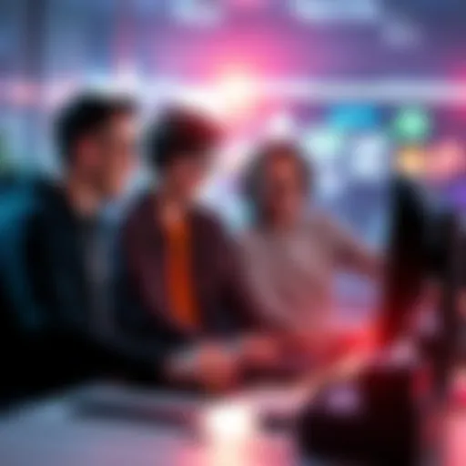 A group of beginner game developers gathered around a computer, collaborating on a game project with excitement and creativity.