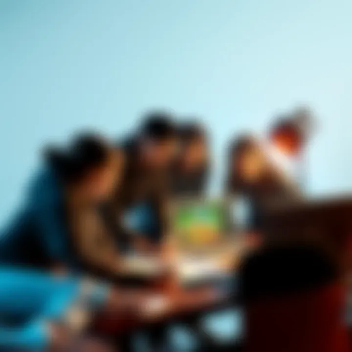 A group of young game developers collaborating on an indie RPG project, surrounded by sketches and a laptop displaying game engine software.