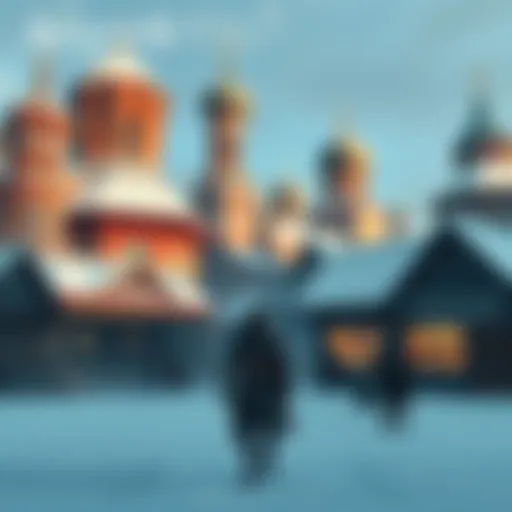 Concept art showing a snowy Russian landscape with a character inspired by the Assassin's Creed series, featuring traditional architecture and a bustling market scene