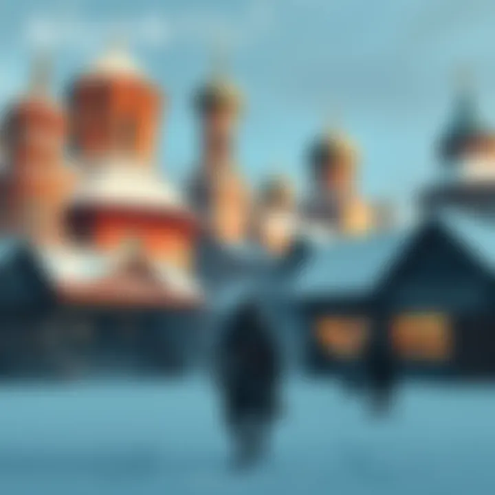Concept art showing a snowy Russian landscape with a character inspired by the Assassin's Creed series, featuring traditional architecture and a bustling market scene