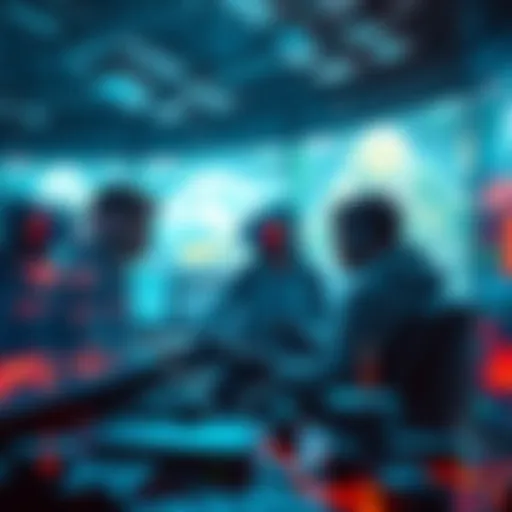 Astra agents using technology to create virtual worlds, surrounded by glowing screens and data streams.