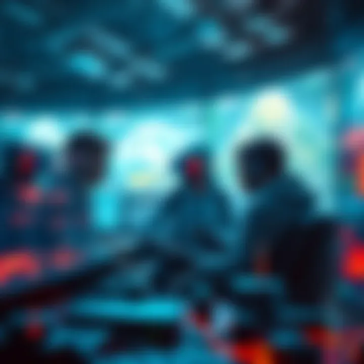 Astra agents using technology to create virtual worlds, surrounded by glowing screens and data streams.