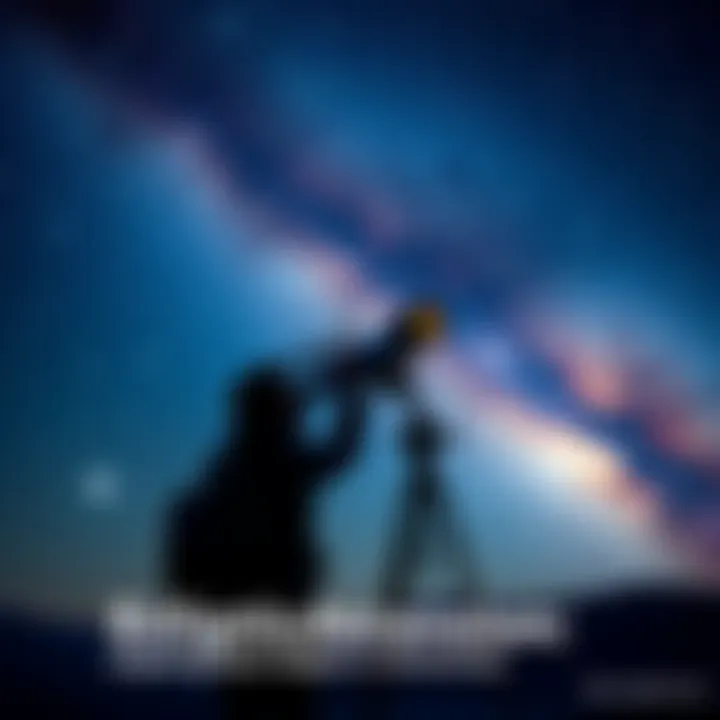 An astronomer looking through a telescope at a starry night sky filled with bright stars and distant galaxies.