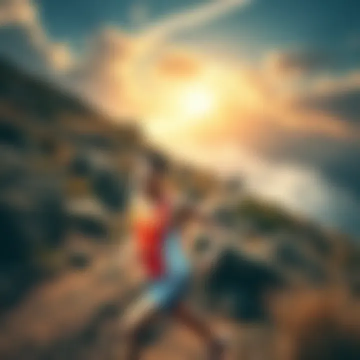 Athlete running on a challenging trail An athlete faces a tough running trail with steep hills and rocky terrain, showing determination during a hard run cycle.