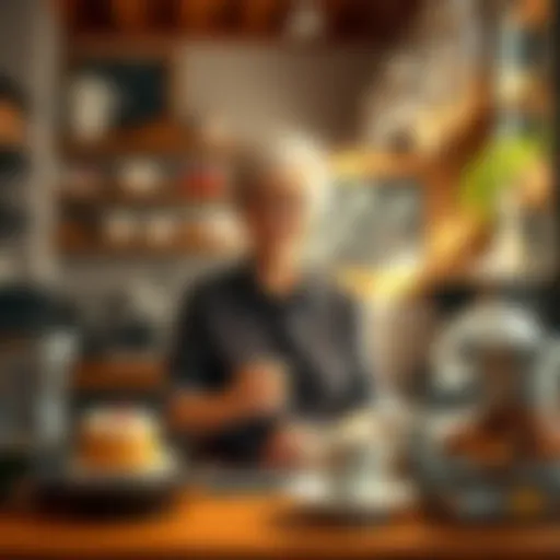 Aunt Cass stands behind the café counter, smiling as she prepares a drink, surrounded by coffee cups and pastries, capturing the warm atmosphere of her café