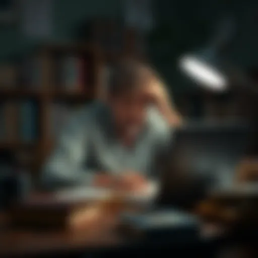 An author looking frustrated while sitting at a desk with a laptop and books around them, reflecting on their writing process and the impact of AI advice.