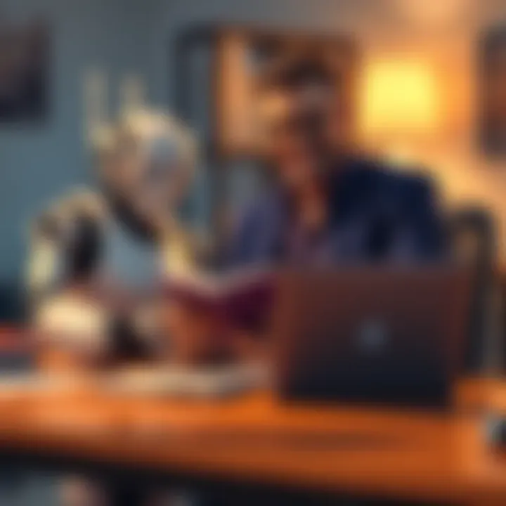 An author sitting at a desk, smiling while typing on a laptop alongside a robot holding a book. The scene captures their collaboration in writing.