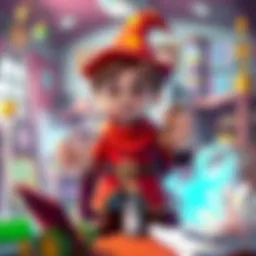 An autistic wizard character in a colorful magic school setting, surrounded by quirky classmates and magical items, ready for turn-based battles.