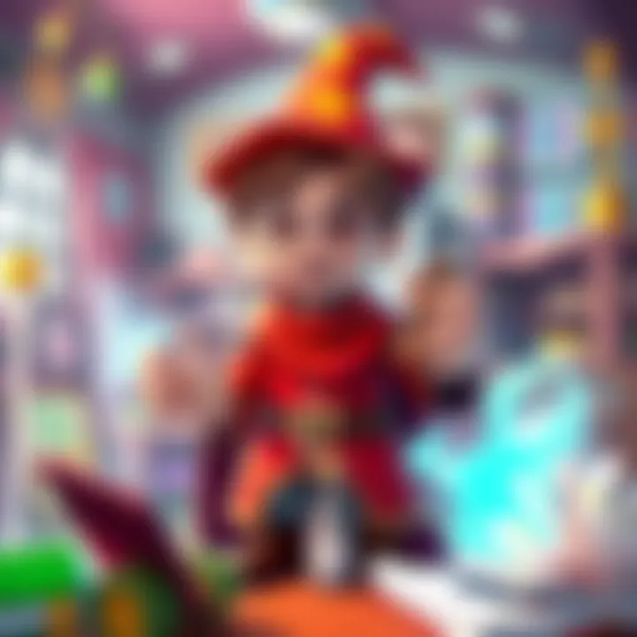 An autistic wizard character in a colorful magic school setting, surrounded by quirky classmates and magical items, ready for turn-based battles.