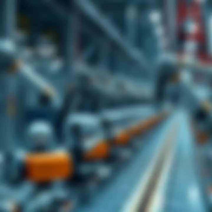 A high-tech assembly line producing humanoid robots, with robotic arms assembling parts and robots in various stages of completion.