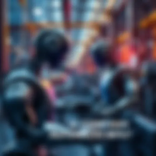 A factory scene with robots and machines handling most tasks while a few people oversee operations.