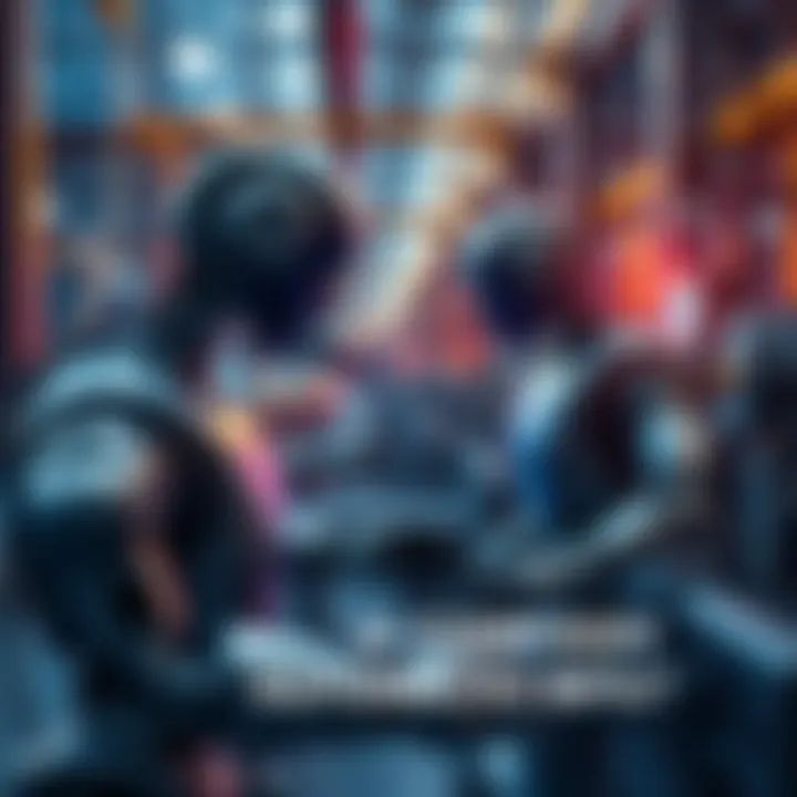 A factory scene with robots and machines handling most tasks while a few people oversee operations.