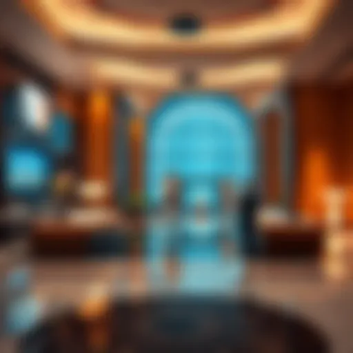 Automated Hotel Lobby A futuristic hotel lobby with robots and AI systems assisting guests