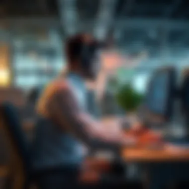 A person at a desk using a computer to automate report generation tasks in an office