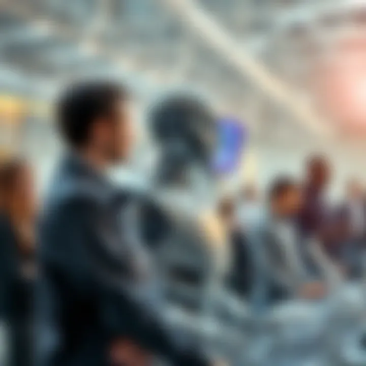 A robot interacting with a group of diverse workers in an office setting, symbolizing the push towards job automation