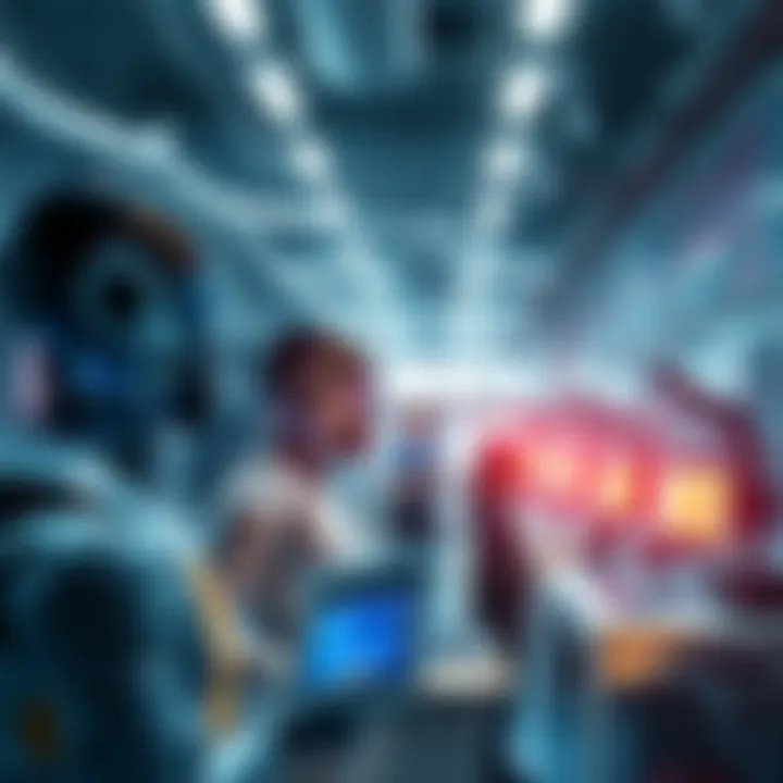 A modern workspace with robots and technology taking over traditional jobs, showing a mix of people and machines working together.