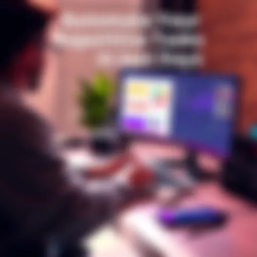 A person sitting at a desk using a laptop, with charts and automation tools displayed on the screen, illustrating the concept of automating repetitive tasks.