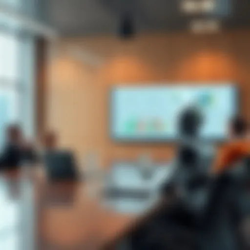 A robot sitting at a boardroom table, overseeing a presentation while humans discuss strategies nearby.