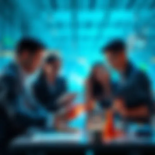 A team of finance professionals collaborating on financial documents and discussing automation tools to improve their workflows.