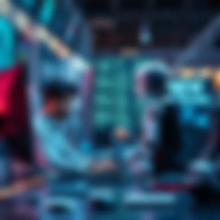 Automation and Creativity Balance A person working on a computer while a robot assists in creative tasks, showing collaboration between human and AI.