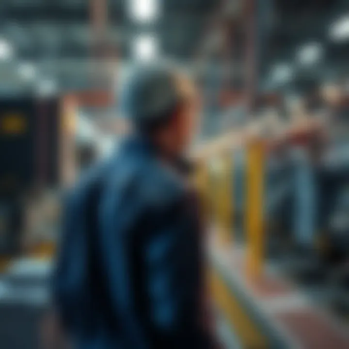 A worker in an industrial setting watches as machines automate tasks around him, symbolizing the shift from physical jobs to technology-driven work.