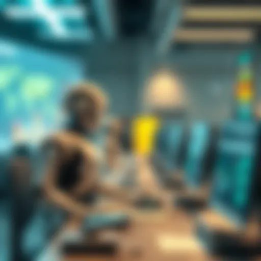 A futuristic scene showing robots working alongside people in an office, with graphs indicating declining social security and discussions about UBI in the background.