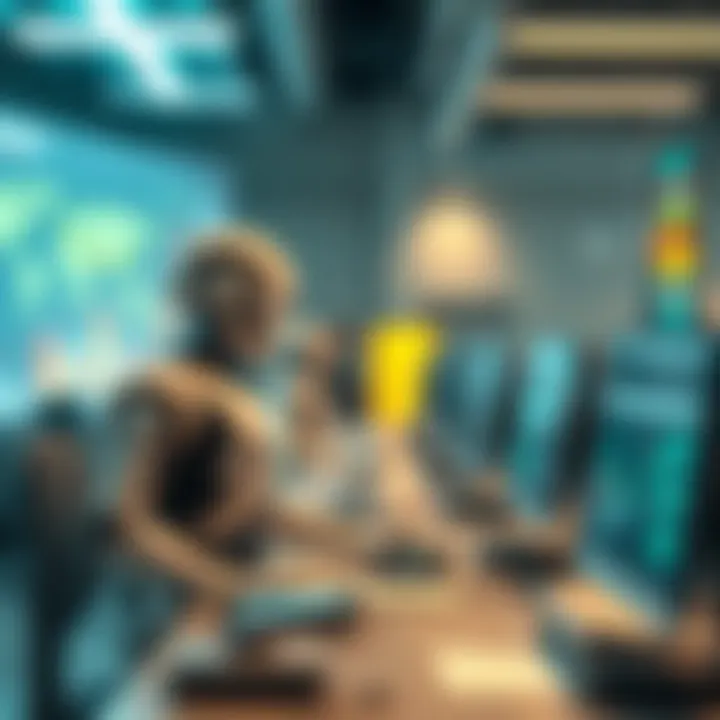 A futuristic scene showing robots working alongside people in an office, with graphs indicating declining social security and discussions about UBI in the background.