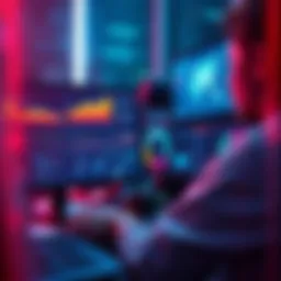 A person analyzing data on a computer while automation tools display metrics and workflows on a screen.