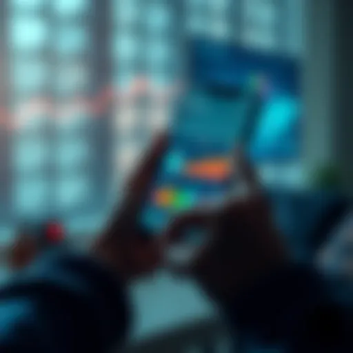 A person using a smartphone with financial apps showing graphs and spending categories, depicting automation in money management.