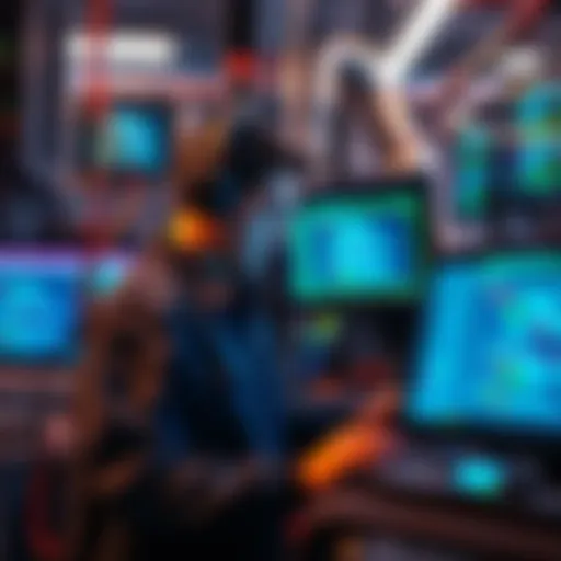 A technician working on an automation system, focusing on coding for reliable performance, with screens showing deterministic code in the background.