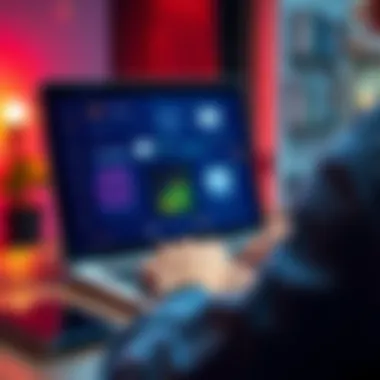 A person using a laptop with various automation tools displayed on the screen like email automation and task management software.