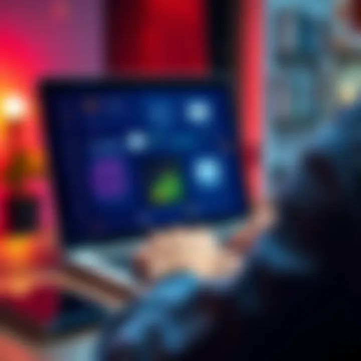 A person using a laptop with various automation tools displayed on the screen like email automation and task management software.